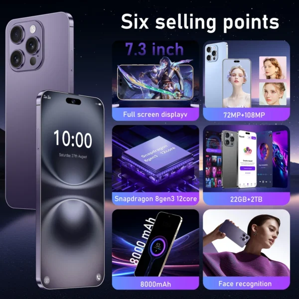 2025 haute qualité pour i16 Pro Max 7.3 pouces LCD Smartphone écran tactile AMOLED panneau d'affichage téléphones mobiles dynamiques – Image 2