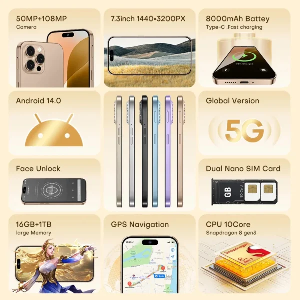 2025 Original 22G + 2TB Smartphone 7.3 pouces étui pour I16 ProMax plein écran 4G 5G téléphone portable 8000mAh téléphones mobiles Version mondiale – Image 3